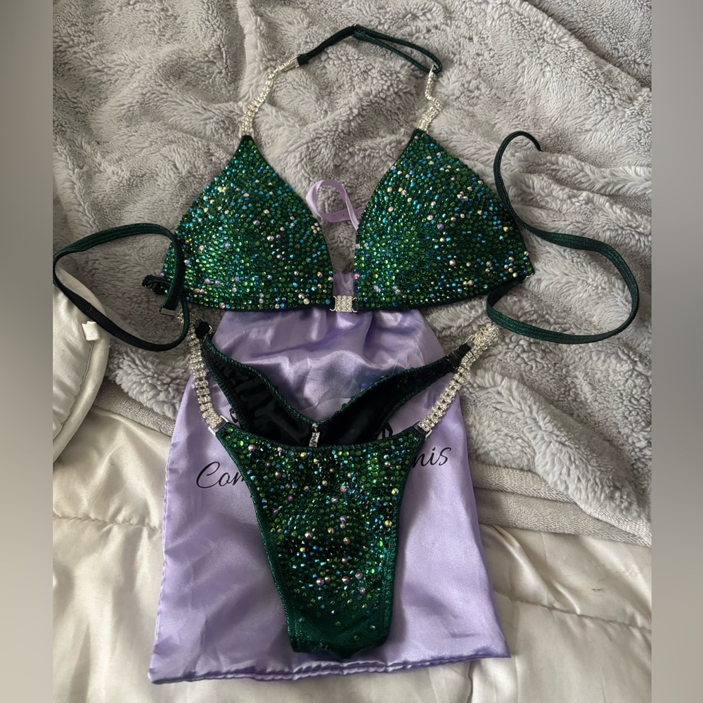 Embellished Emerald Green Bikini Set with Crystal Accents